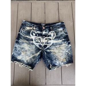 Y2K Hustle Gang Over Everything Men's 40 Maced Denim Shorts Painted Faded Bear